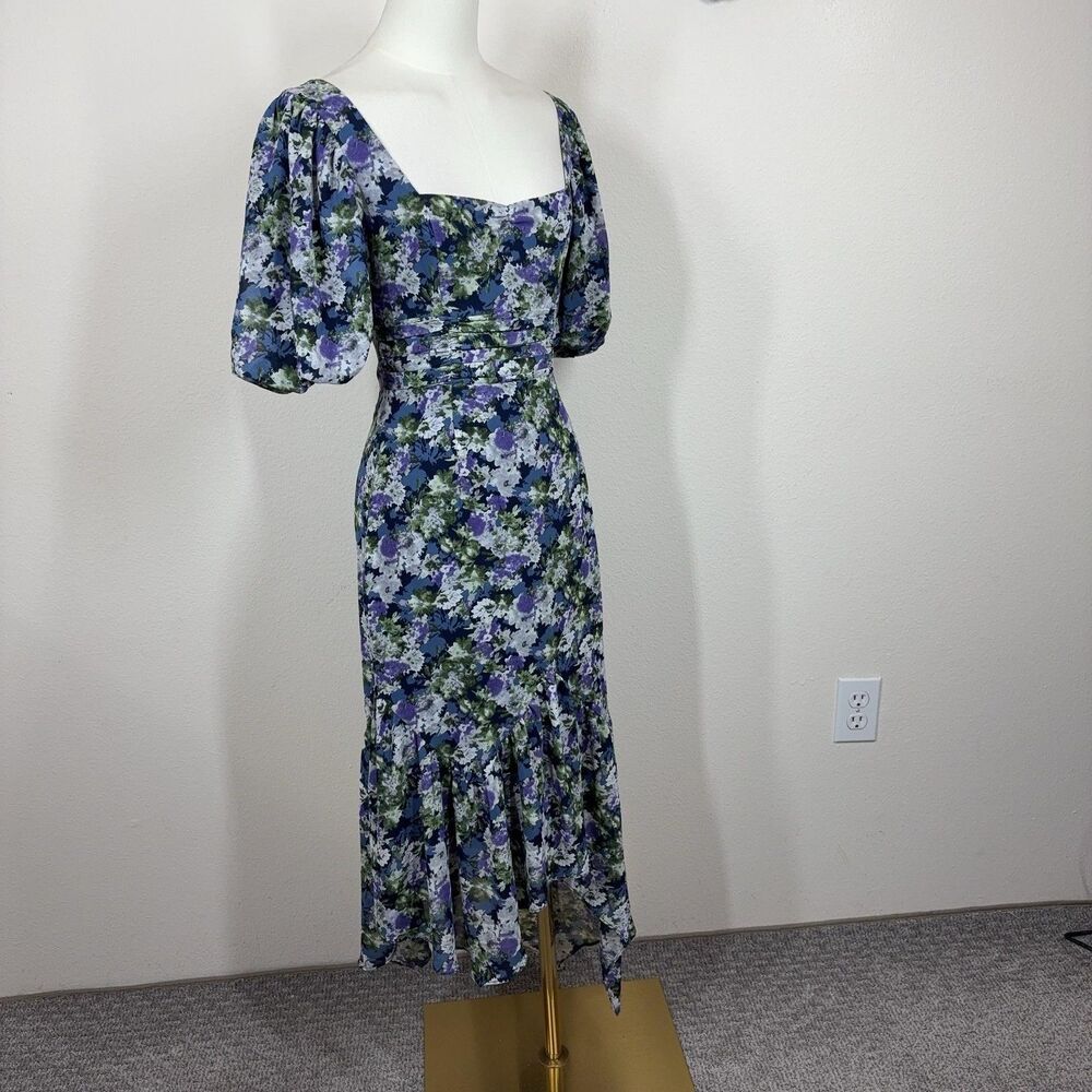 ASTR The Label Dress Womens XS Blue Floral Puff Sleeve Midi Ruffle Asymmetric